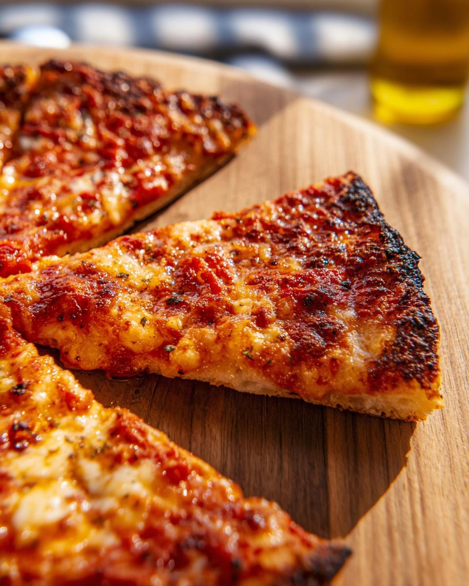 Close-up of a slice of homemade pizza with melted cheese and tomato sauce, perfect for pizza night recipes.