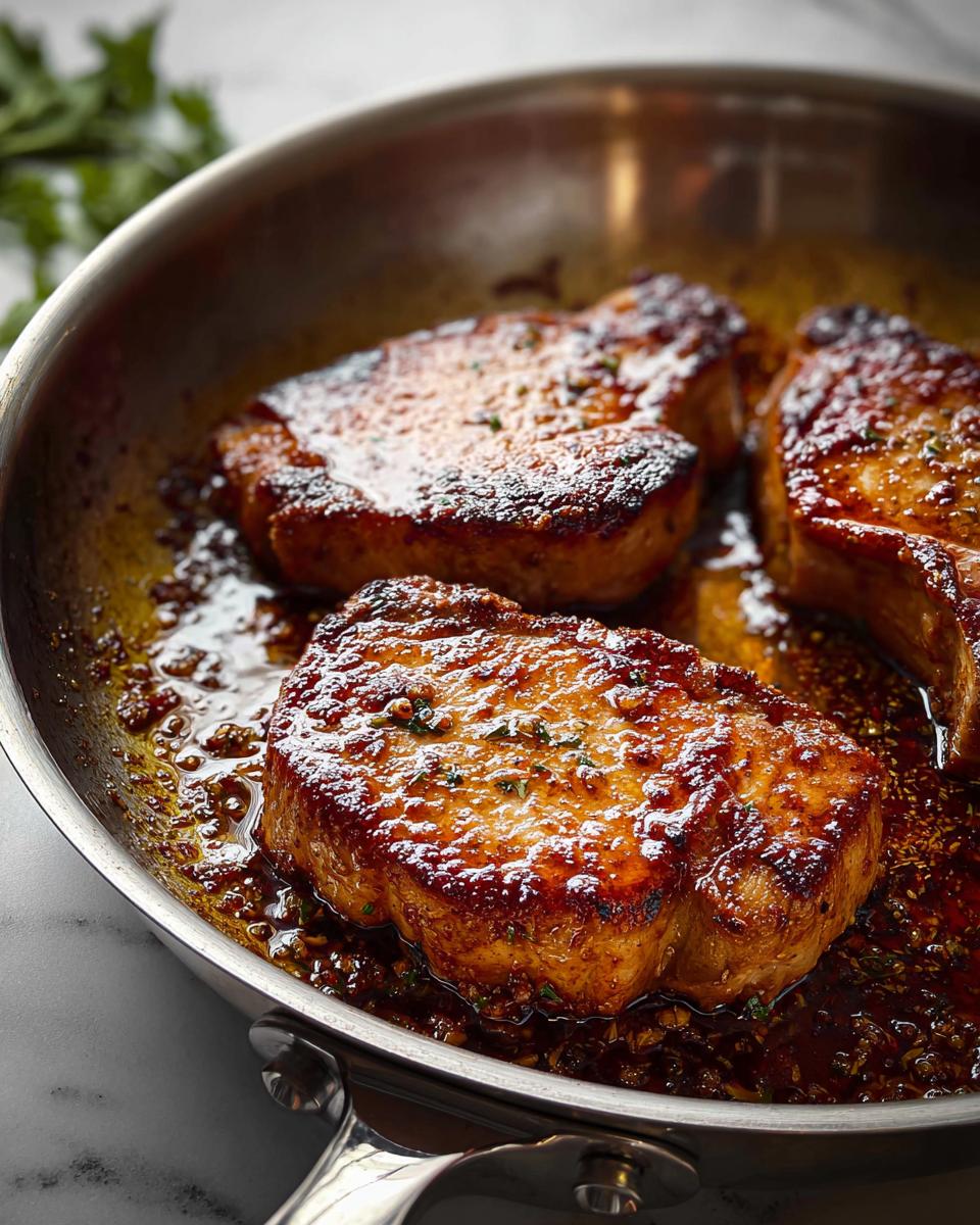 Three juicy pork chops cooking in a stainless steel pan with a rich, glossy sauce, perfect for pork chops recipes meal prep.