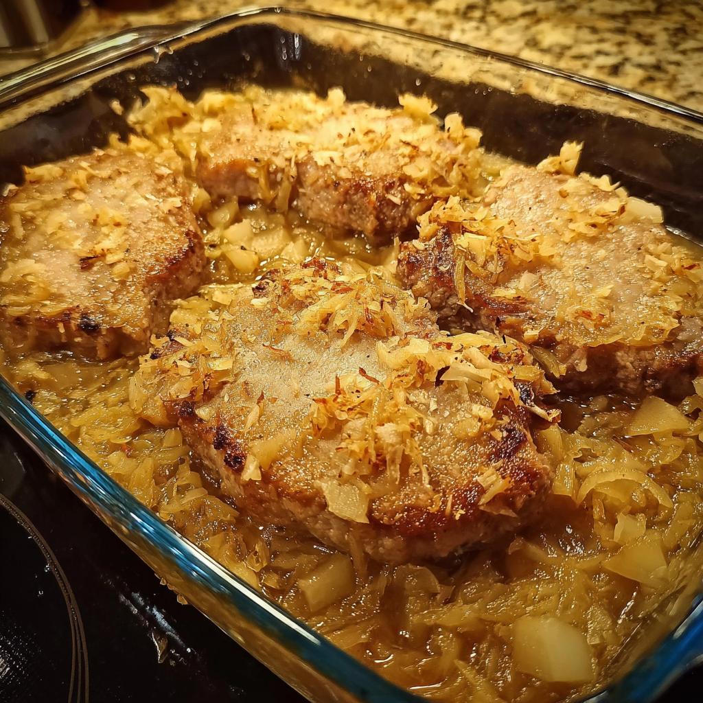 Close-up of tender pork chops baked in a glass dish with a rich onion sauce and a crispy topping.