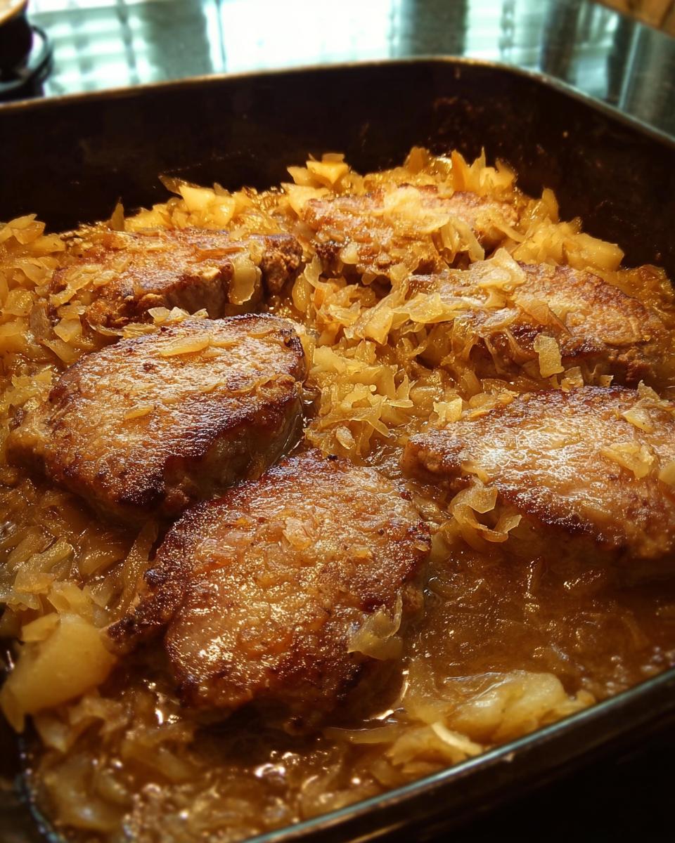 Close-up of tender pork chops braised with caramelized onions in a baking dish, part of 10 minute pork chops recipes.