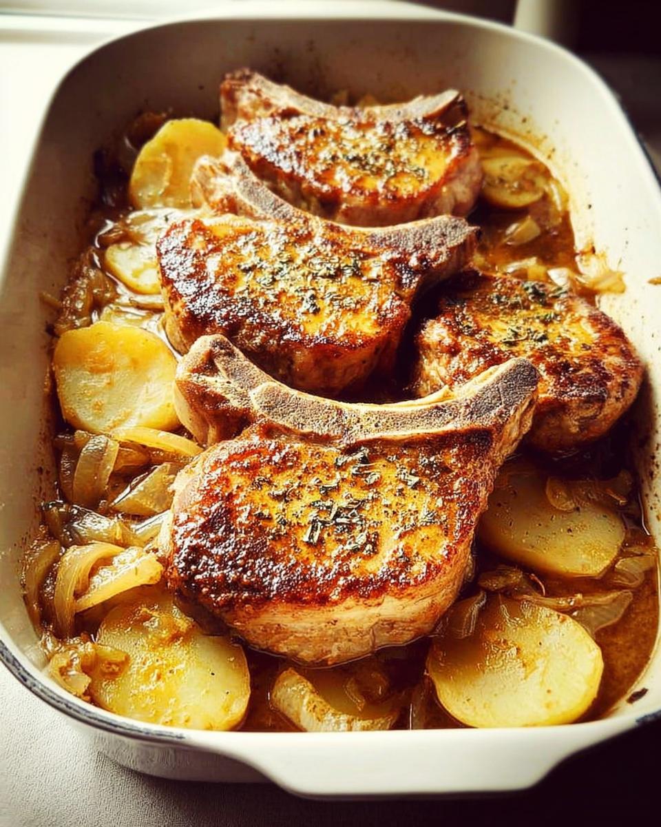 Close-up of oven-baked pork chops with sliced potatoes and onions in a white baking dish.