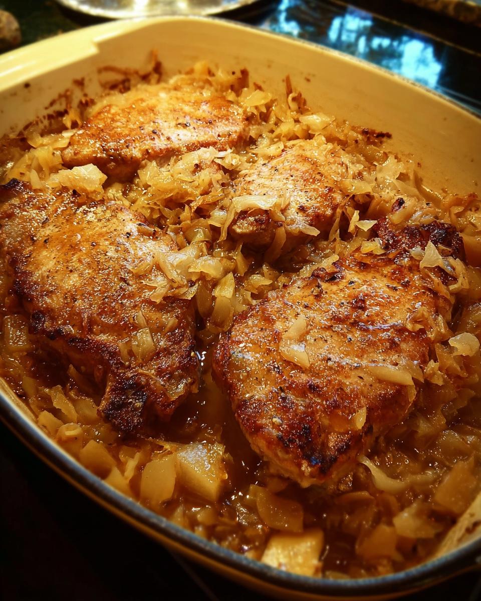 Close-up of juicy pork chops baked with onions in a casserole dish, perfect for a 10 minute weeknight winner recipe.