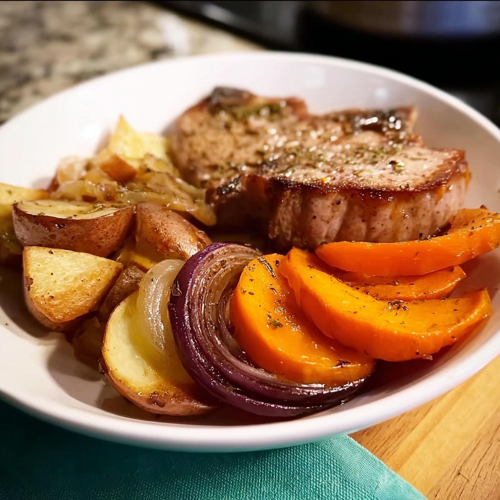 A delicious plate of pork chops recipe served with roasted potatoes, red onion, and butternut squash.