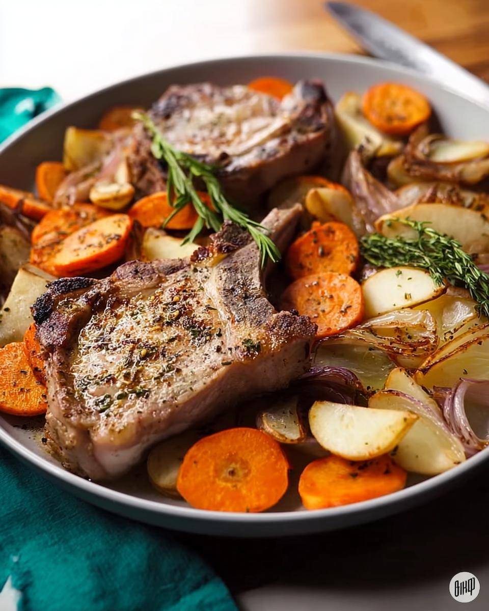 Close-up of a delicious pork chops recipe served with roasted carrots, potatoes, and onions, garnished with rosemary and thyme.