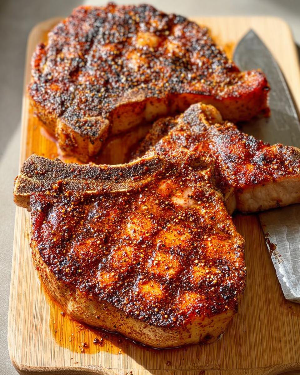 Two thick-cut pork chops seasoned with a dark spice rub, resting on a wooden cutting board next to a knife.