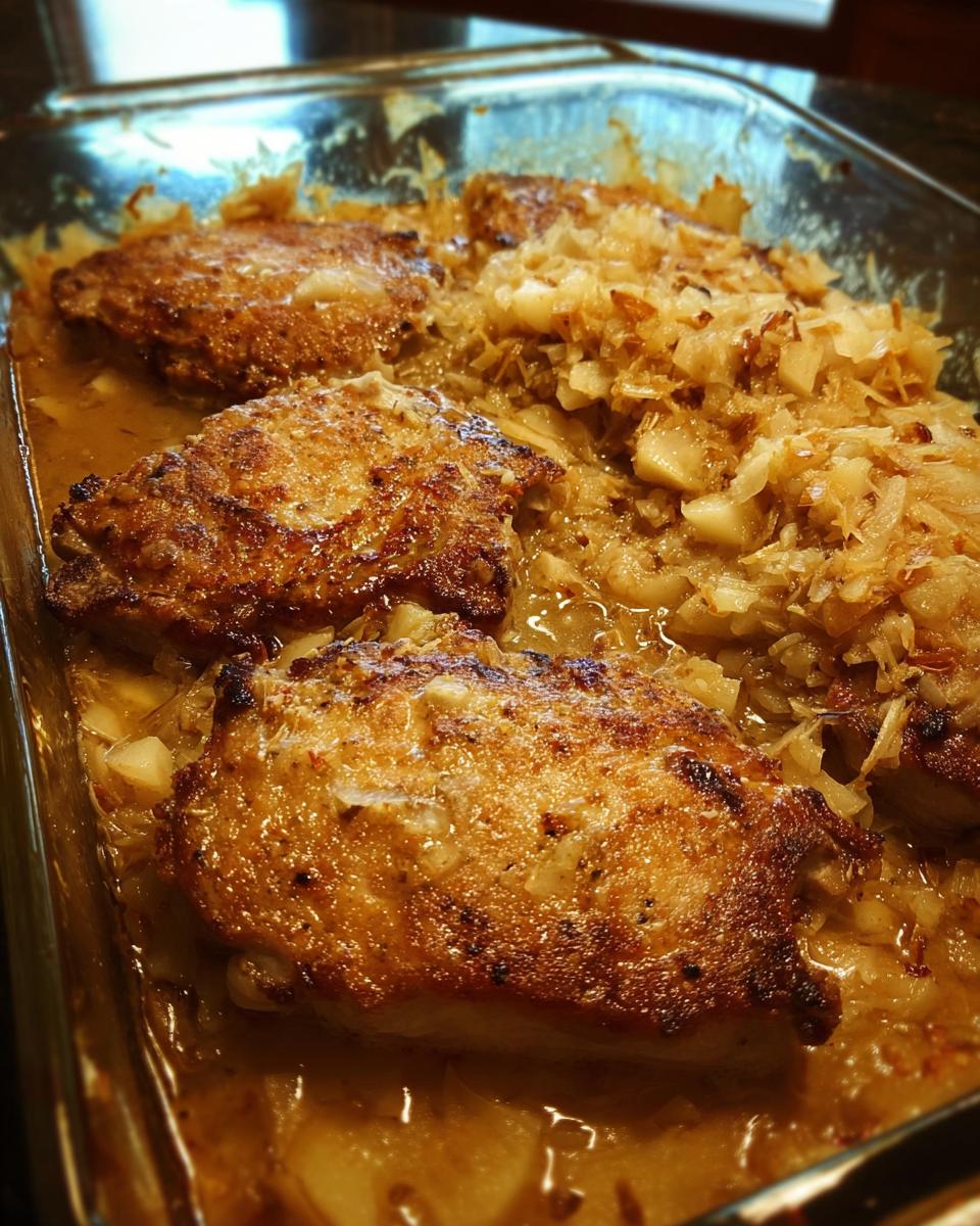 Close-up of golden-brown pork chops baked in a glass dish with onions and sauce, perfect for quick weeknight meals.