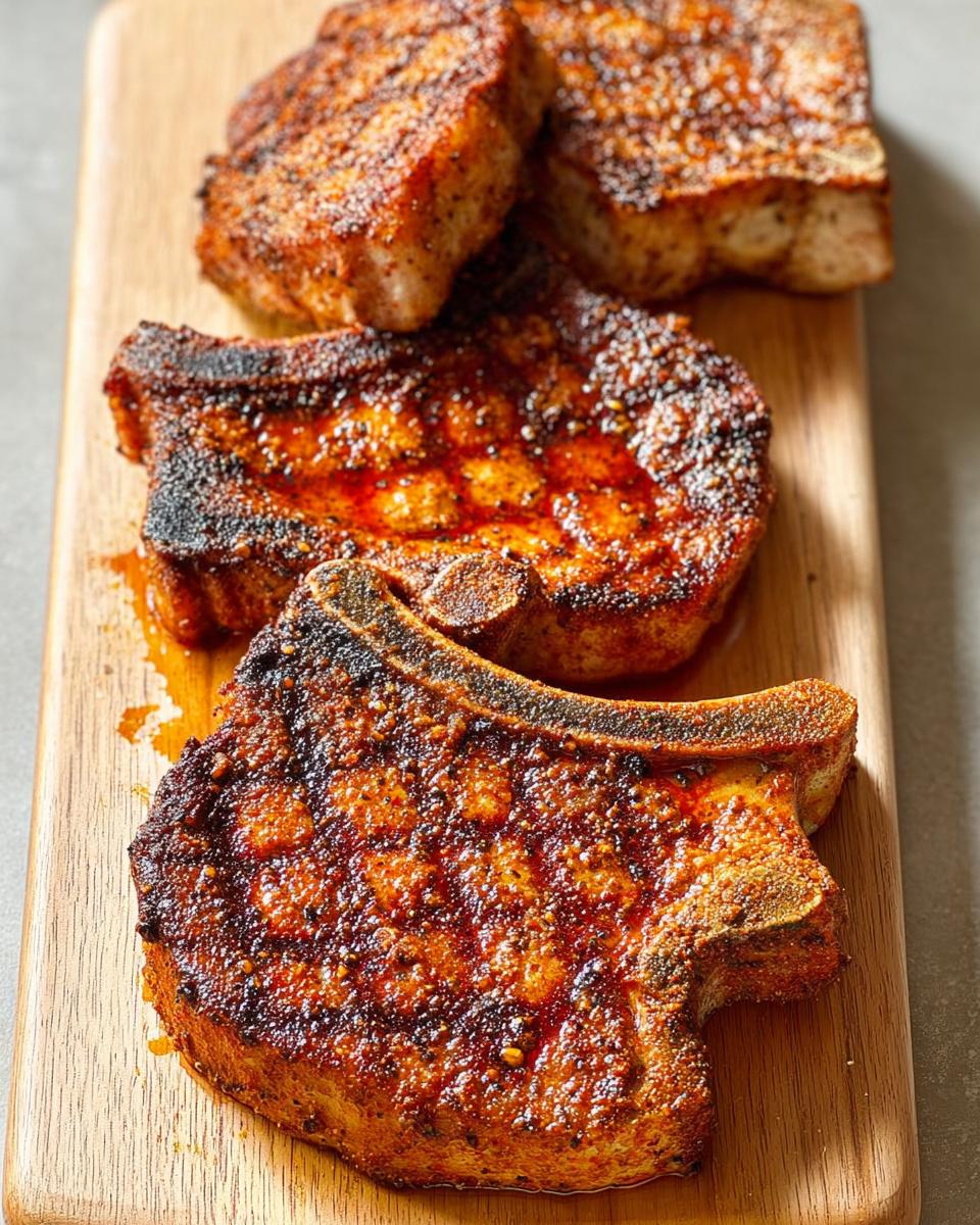 Close-up of four perfectly cooked, seasoned pork chops on a wooden cutting board.
