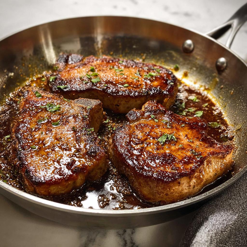 Three juicy pork chops seared to perfection and glistening in a pan sauce, garnished with fresh herbs.