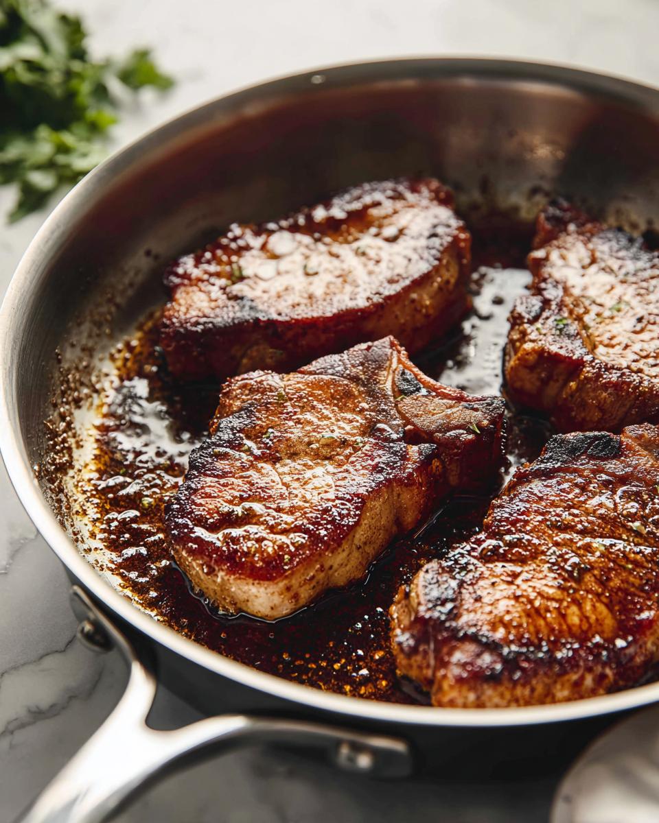 Four juicy pork chops cooking in a skillet with a rich pan sauce, perfect for meal prep.