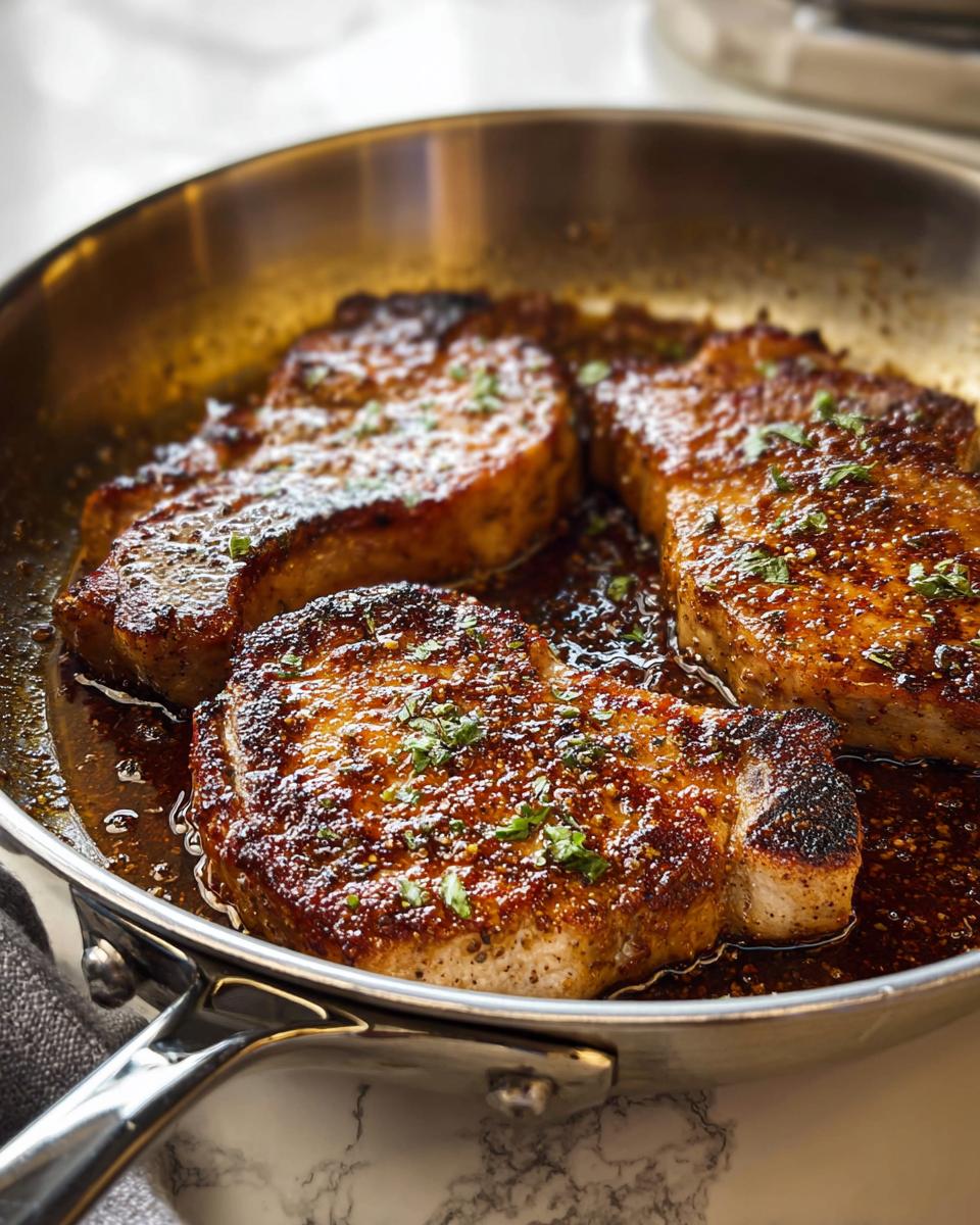 Three juicy pork chops are pan-seared and simmering in a flavorful sauce in a stainless steel skillet, garnished with fresh herbs.