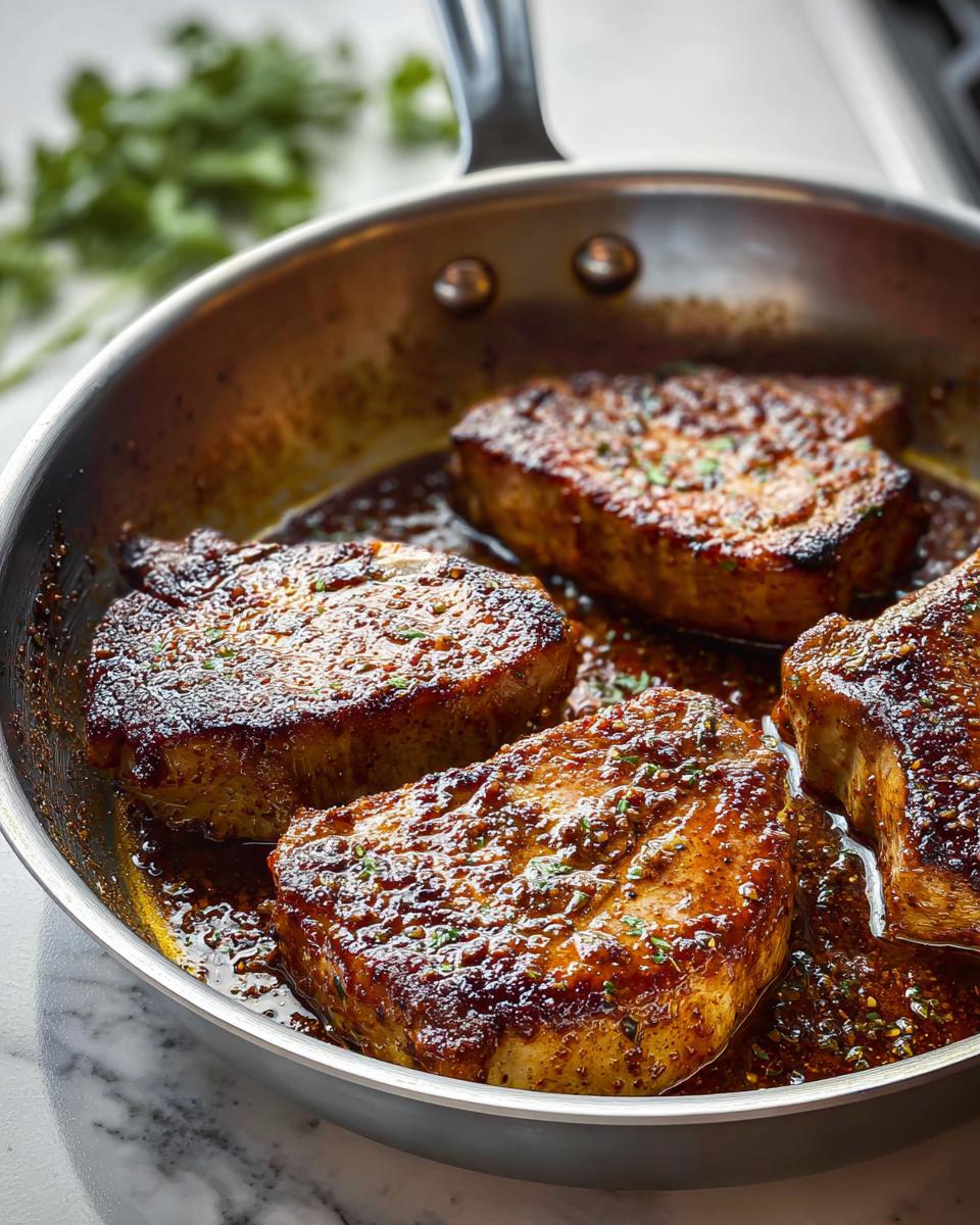 Four juicy pork chops are pan-seared and simmering in a flavorful sauce in a stainless steel skillet, perfect for meal prep.