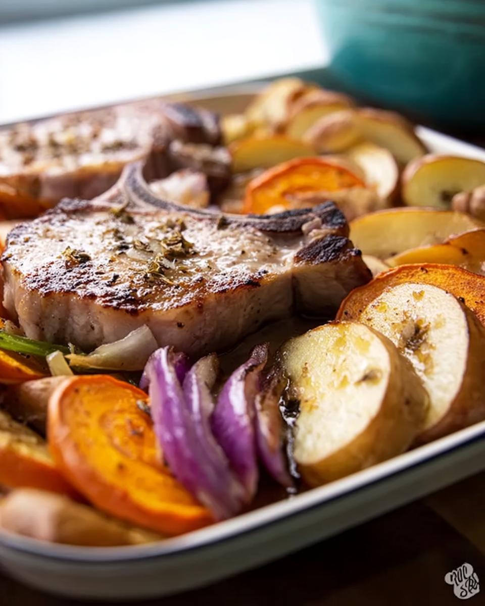 Close-up of perfectly cooked pork chops recipes served with roasted potatoes, sweet potatoes, and red onions.