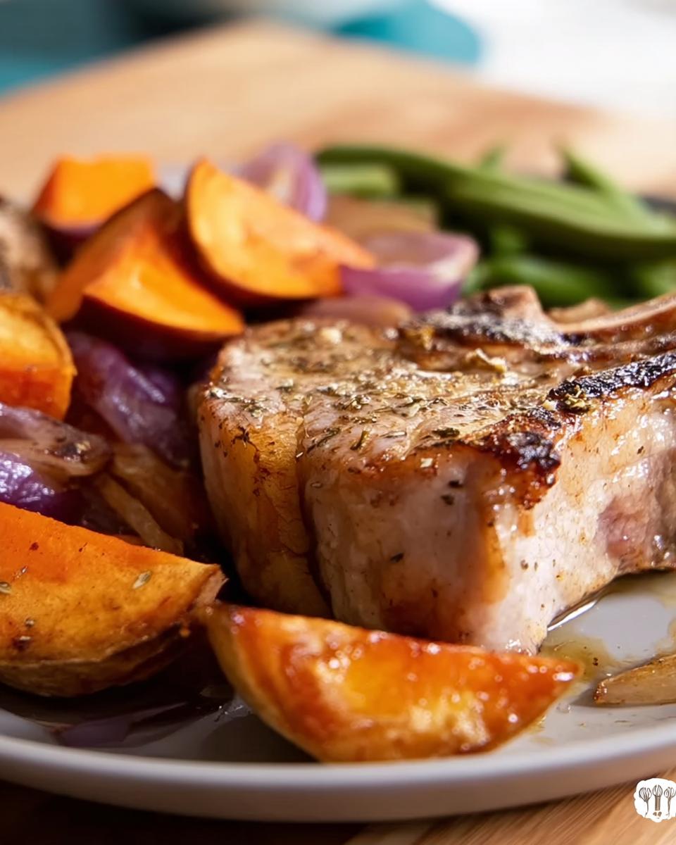 A close-up of a perfectly cooked pork chop served with roasted sweet potatoes, red onion, and green beans.