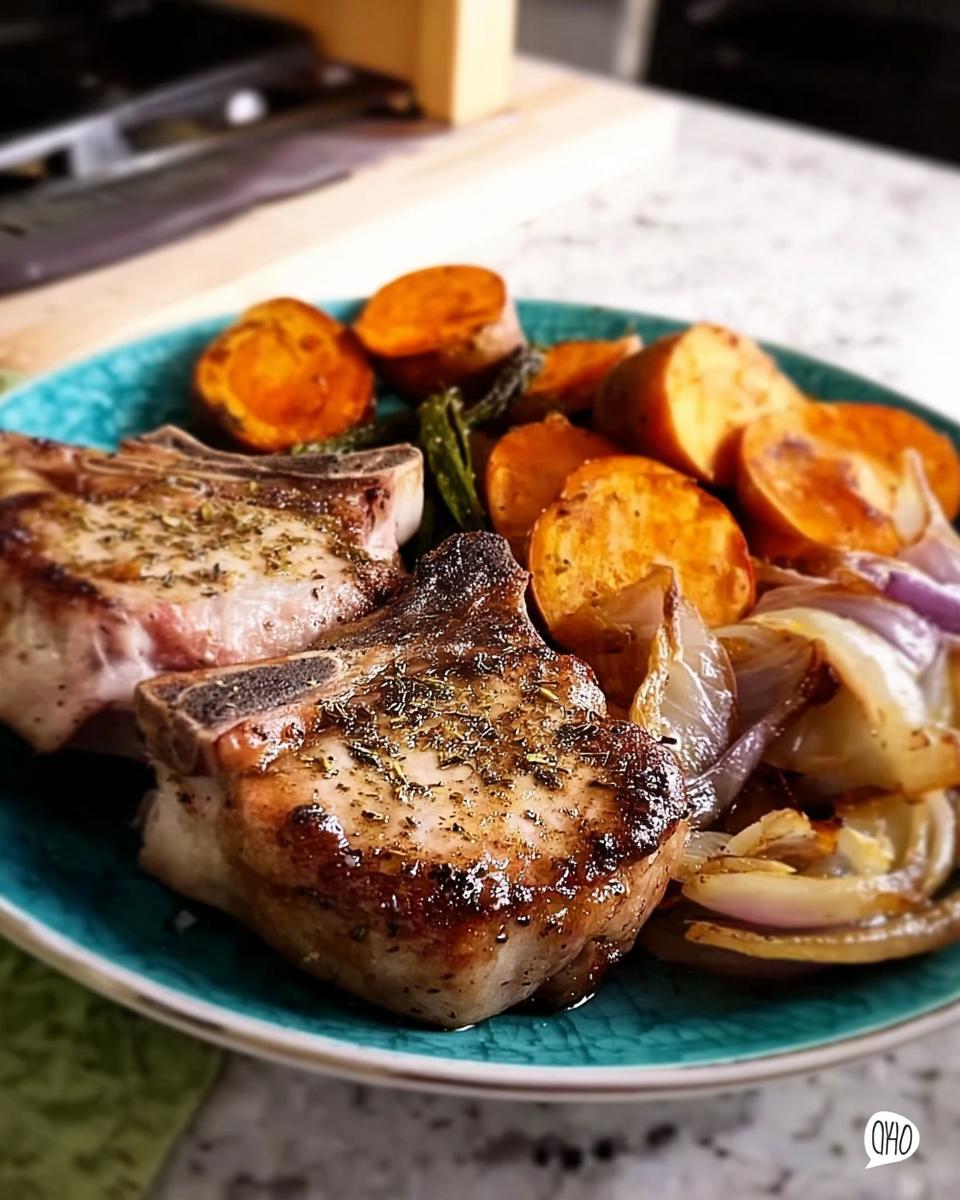 Two juicy pork chops served with roasted sweet potatoes and caramelized onions on a teal plate.