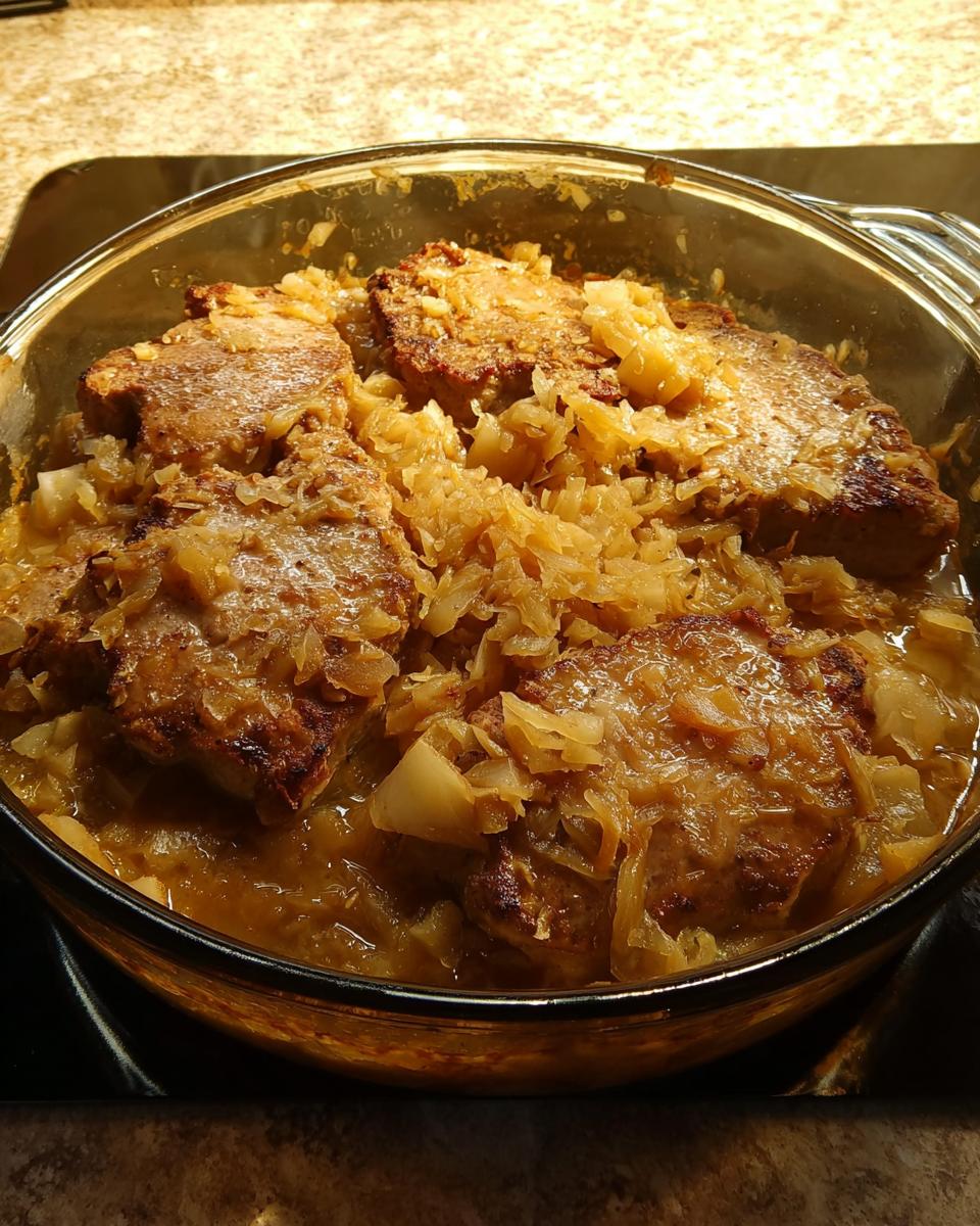 Close-up of tender pork chops braised with sauerkraut in a glass dish, a quick and easy weeknight meal.