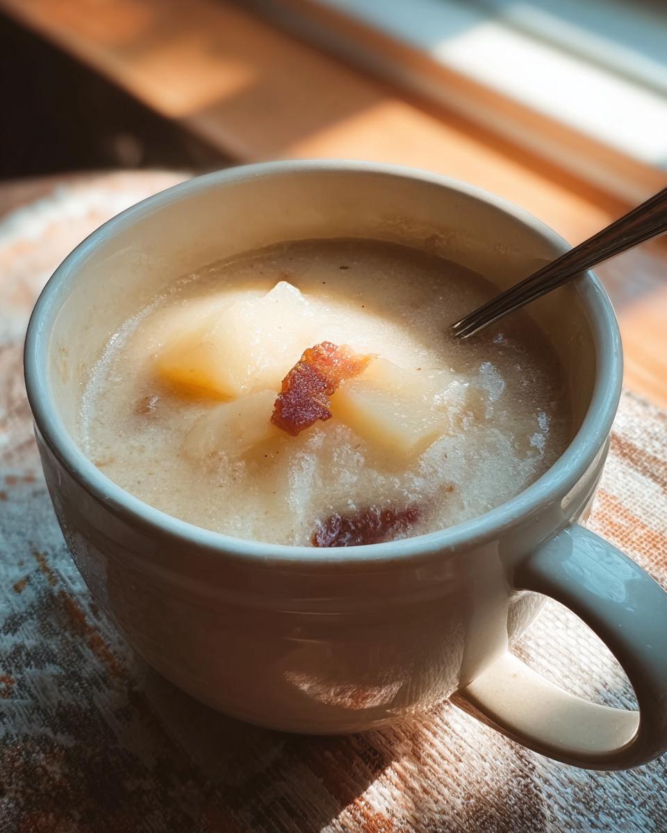 A close-up of a bowl of creamy potato soup topped with crispy bacon, part of a 12-ingredient soup recipe.
