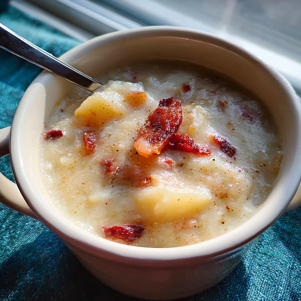 A close-up of a creamy potato soup topped with crispy bacon bits, part of 12-Ingredient Soup Recipes.