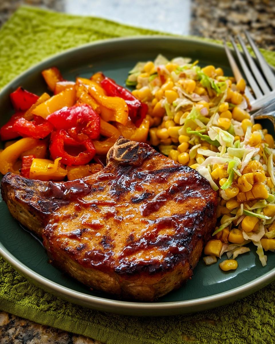 A perfectly grilled pork chop glazed with sauce, served with roasted bell peppers and a corn and cabbage slaw.