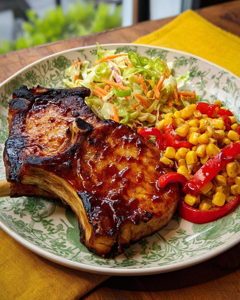 A perfectly cooked pork chop recipe, glazed and juicy, served with corn and bell peppers and a side of coleslaw.