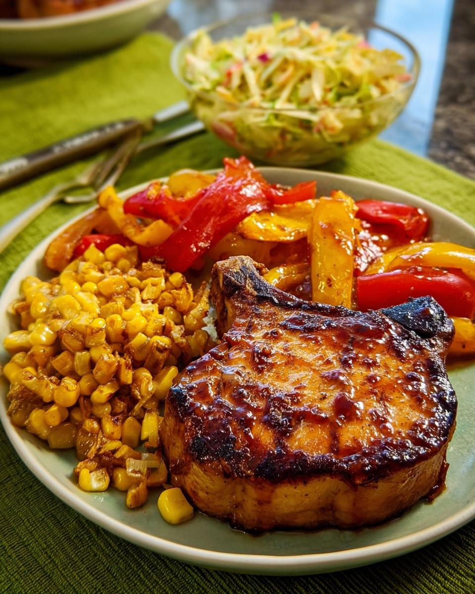 A perfectly cooked, juicy pork chop served with corn and sautéed bell peppers, a side of coleslaw in the background.
