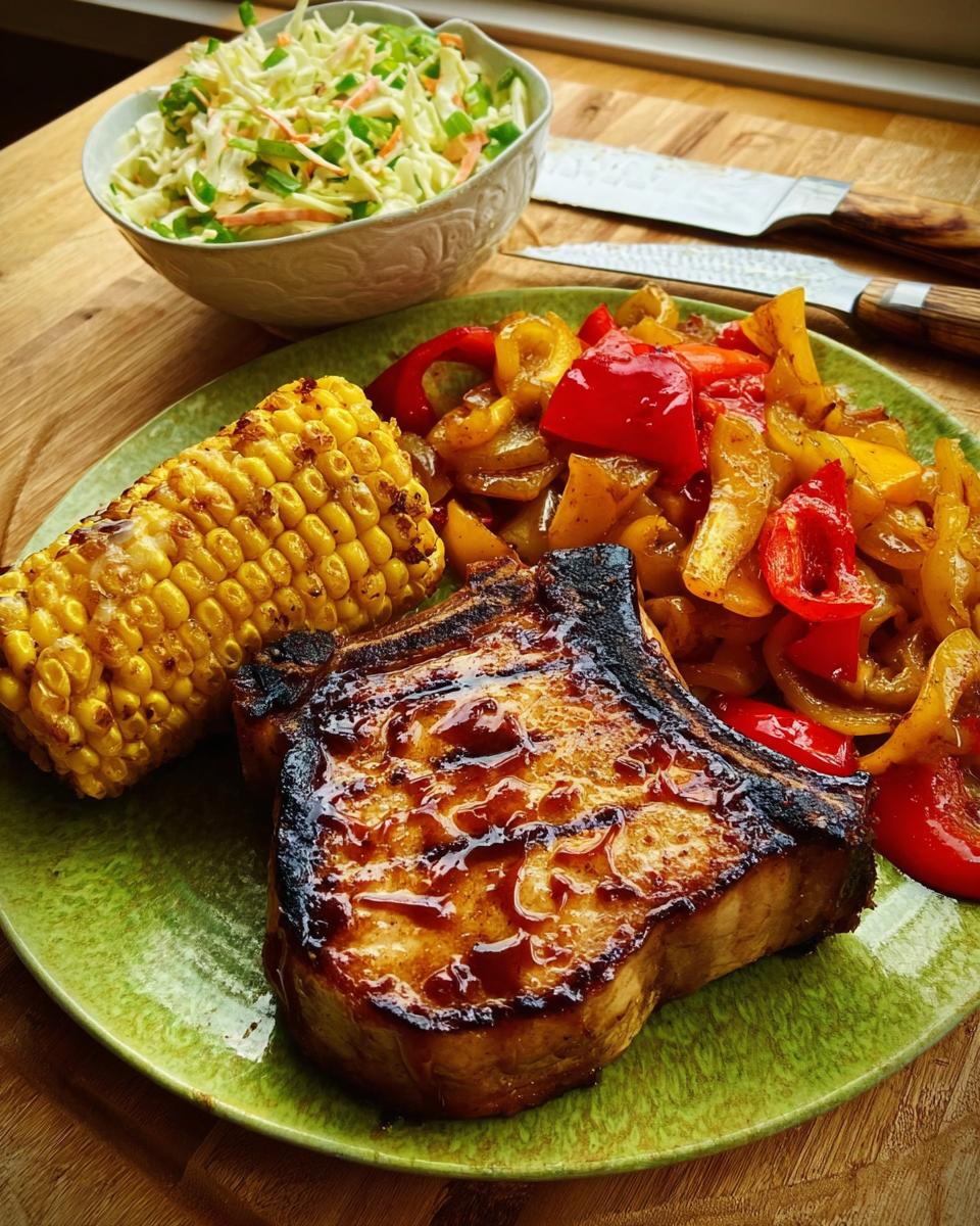 A perfectly cooked pork chop served with corn on the cob, sautéed peppers, and coleslaw.