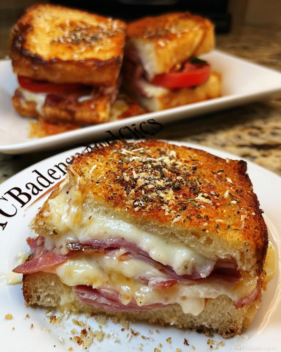 Close-up of a toasted sandwich with melted cheese and ham, part of Pro Sandwich Ideas.