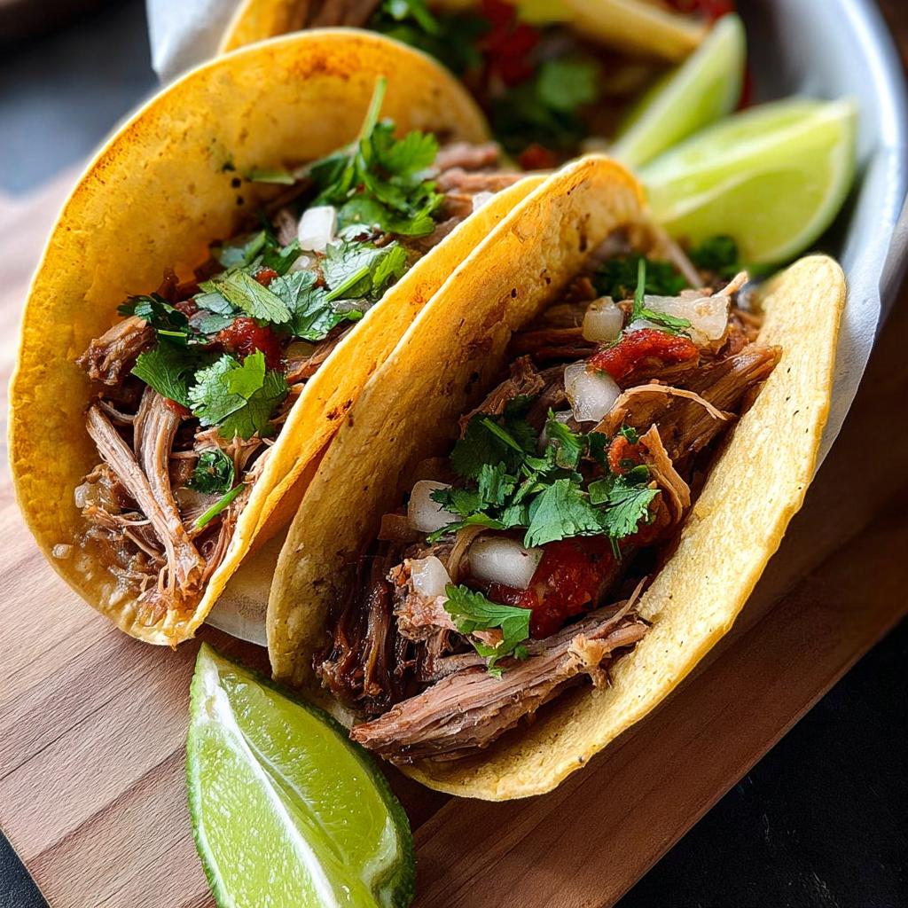 Close-up of two pulled pork tacos, topped with cilantro, onions, and salsa, served with lime wedges for Taco Tuesday.