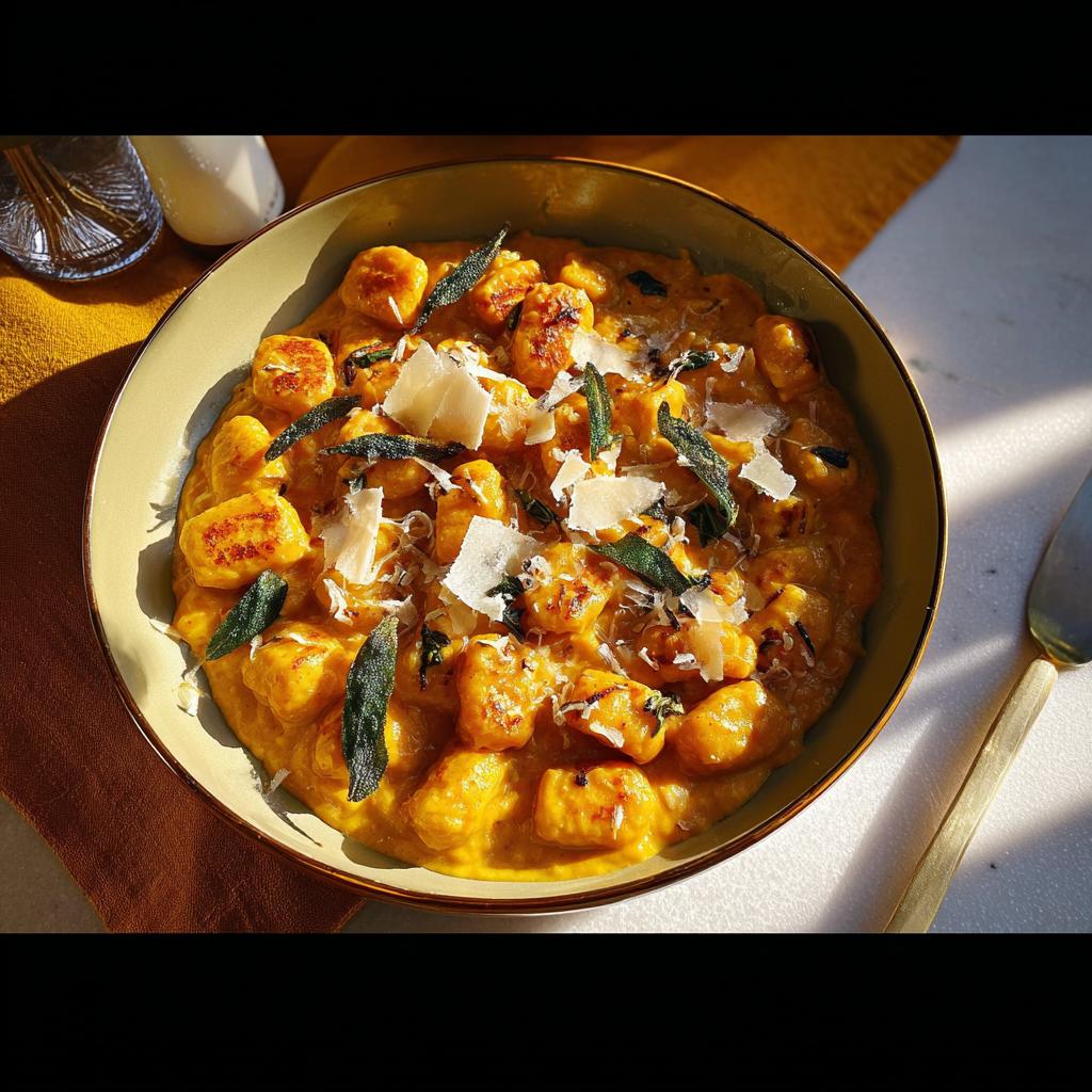 A bowl of creamy pumpkin gnocchi pasta topped with sage and shaved parmesan cheese.