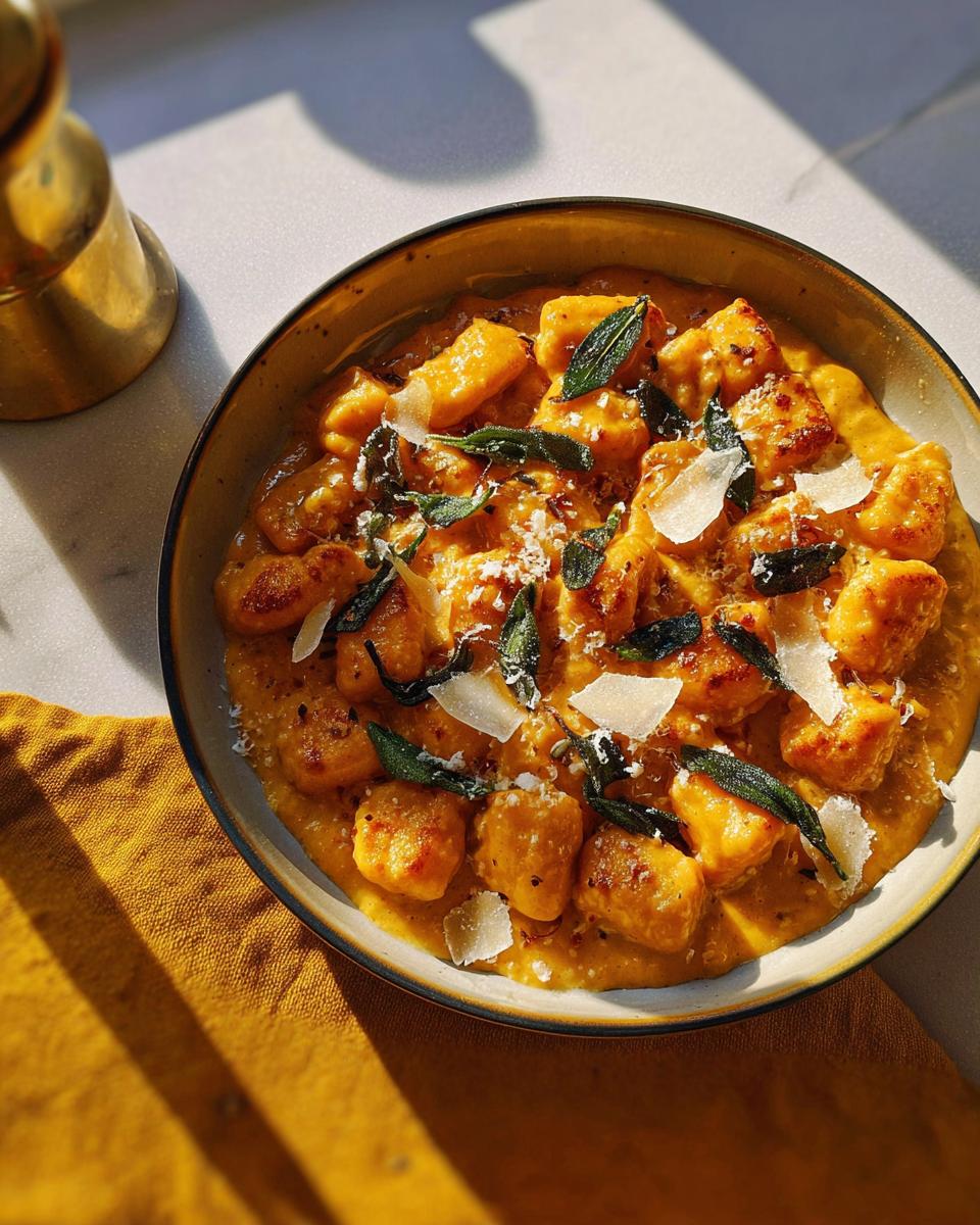 A close-up of a bowl of pumpkin gnocchi pasta, topped with sage leaves and shaved parmesan.
