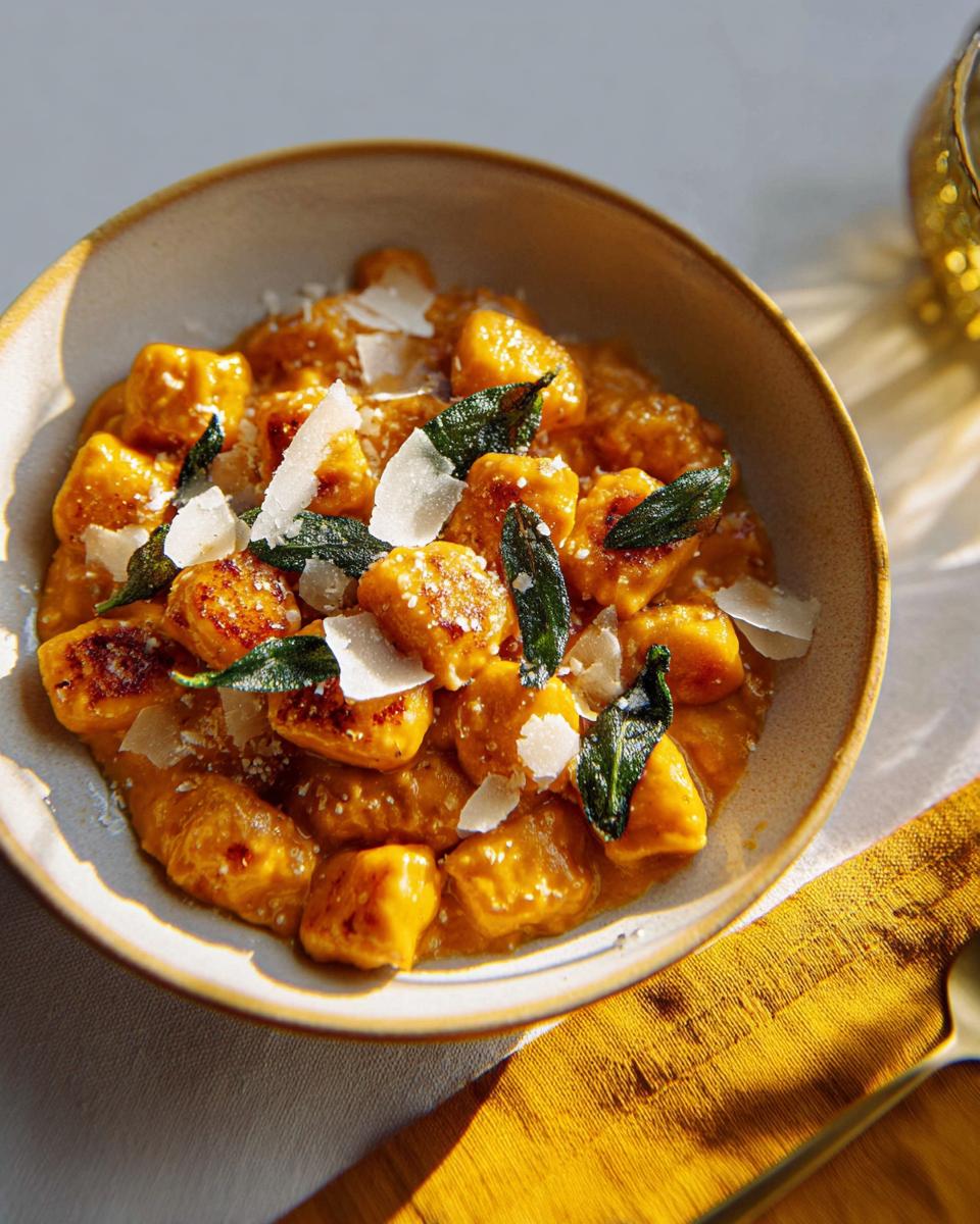 A close-up of a bowl of pumpkin gnocchi pasta, topped with fried sage leaves and shaved parmesan cheese.