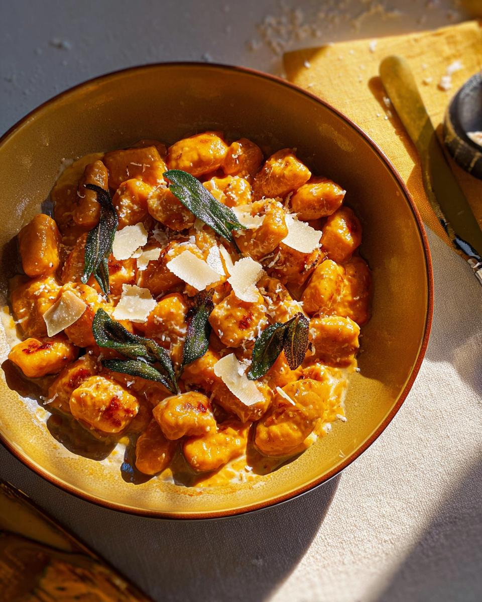 Close-up of a bowl of pumpkin gnocchi pasta with sage leaves and shaved parmesan cheese.