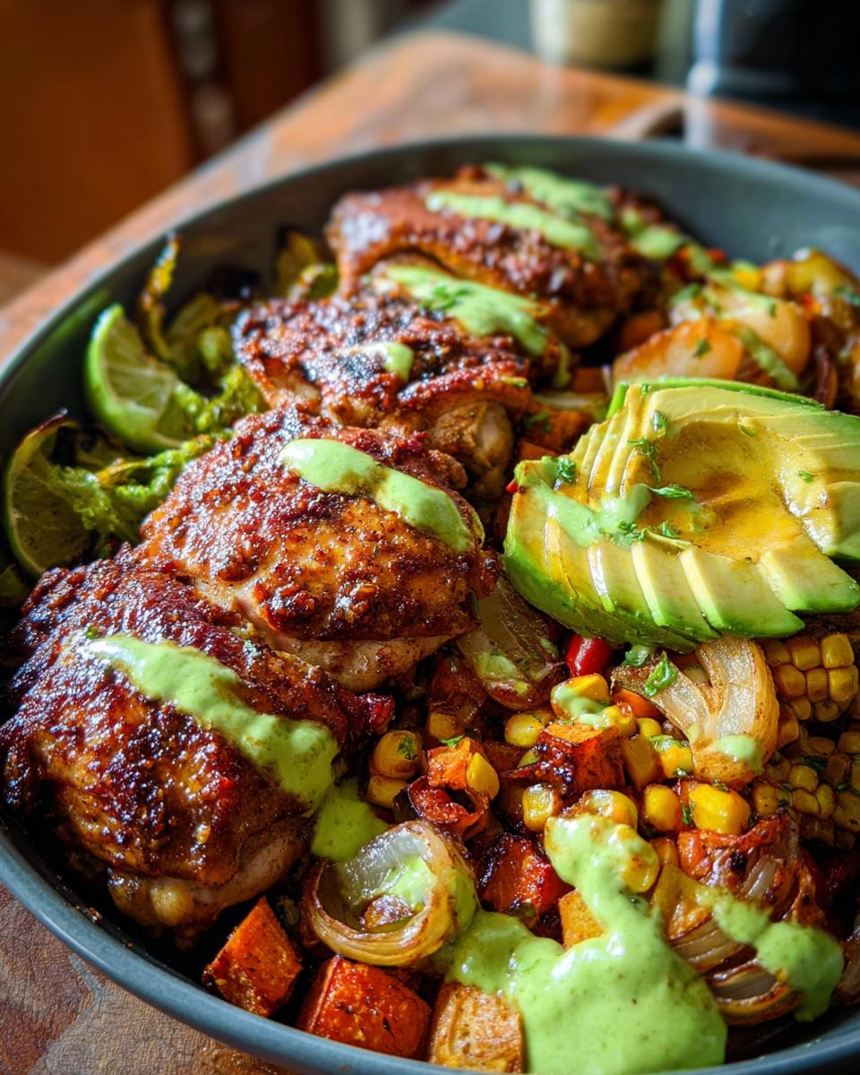 A vibrant bowl of quick chicken recipe featuring seasoned chicken thighs, roasted vegetables, avocado slices, and a drizzle of green sauce.