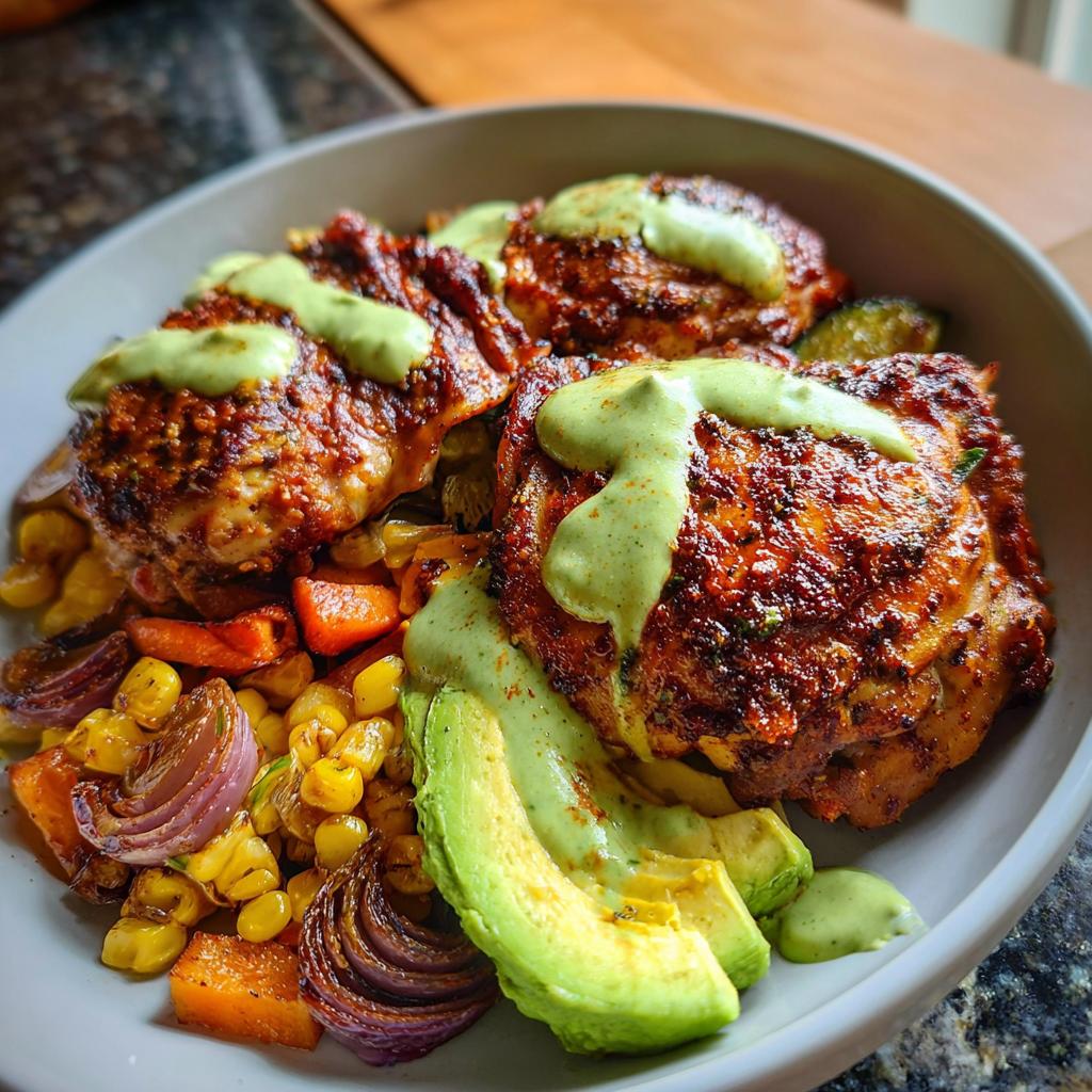A bowl of delicious chicken recipe with avocado, corn, carrots, and red onion, drizzled with green sauce.