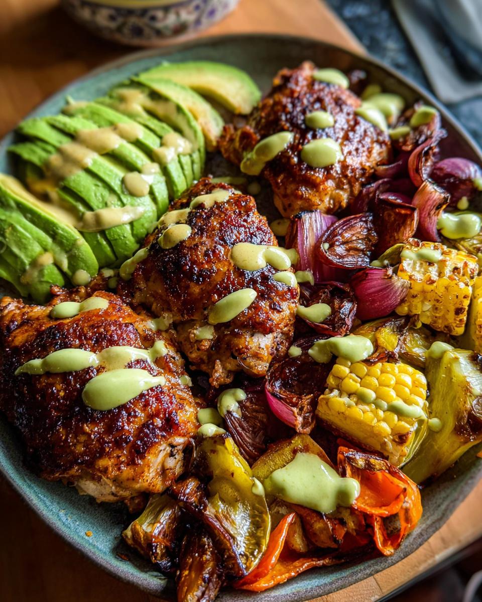 A close-up shot of a colorful bowl featuring seasoned chicken thighs, sliced avocado, roasted vegetables, and a drizzle of green sauce.