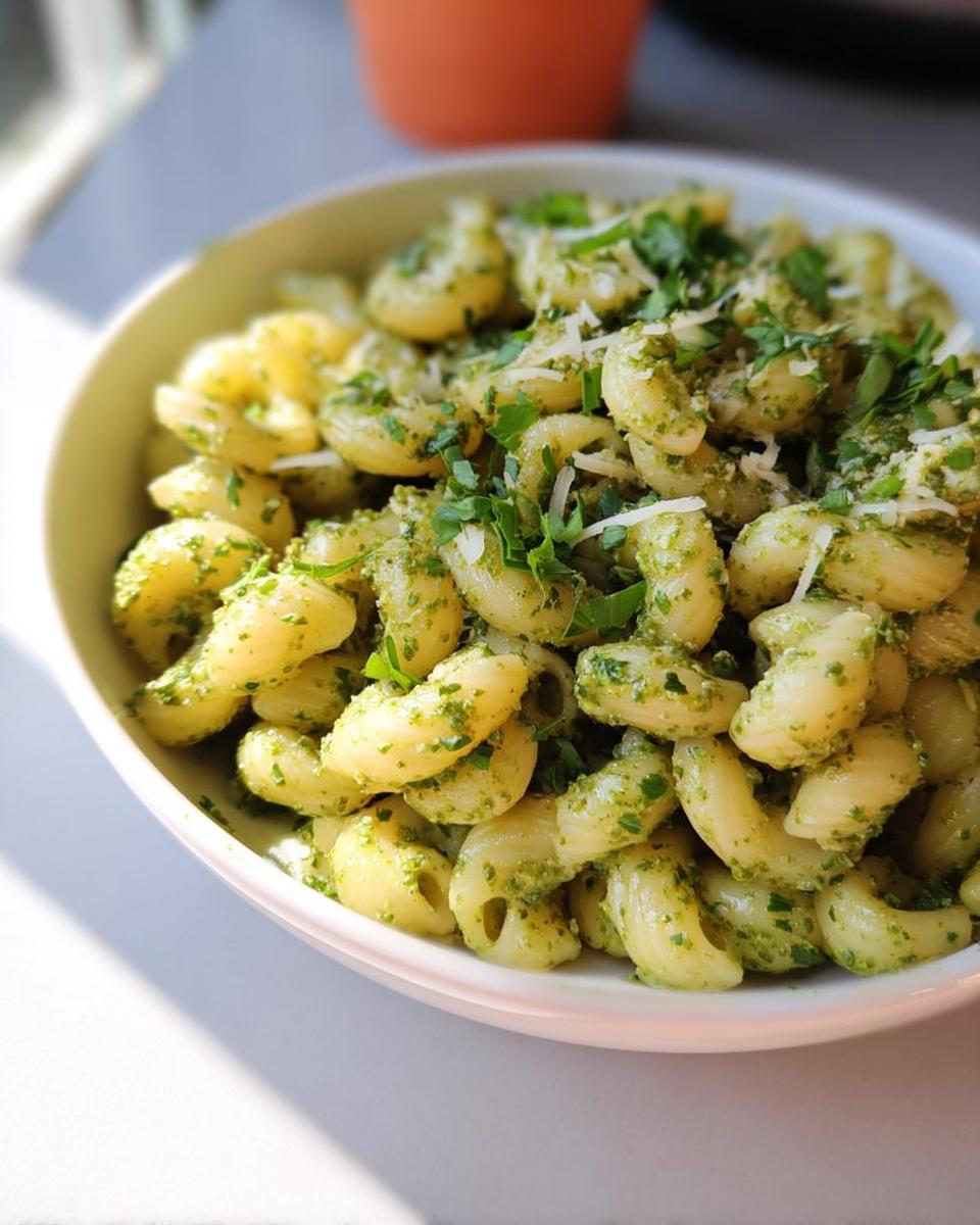 A close-up of a bowl of pasta with pesto sauce and fresh parsley, perfect for quick pasta recipes.