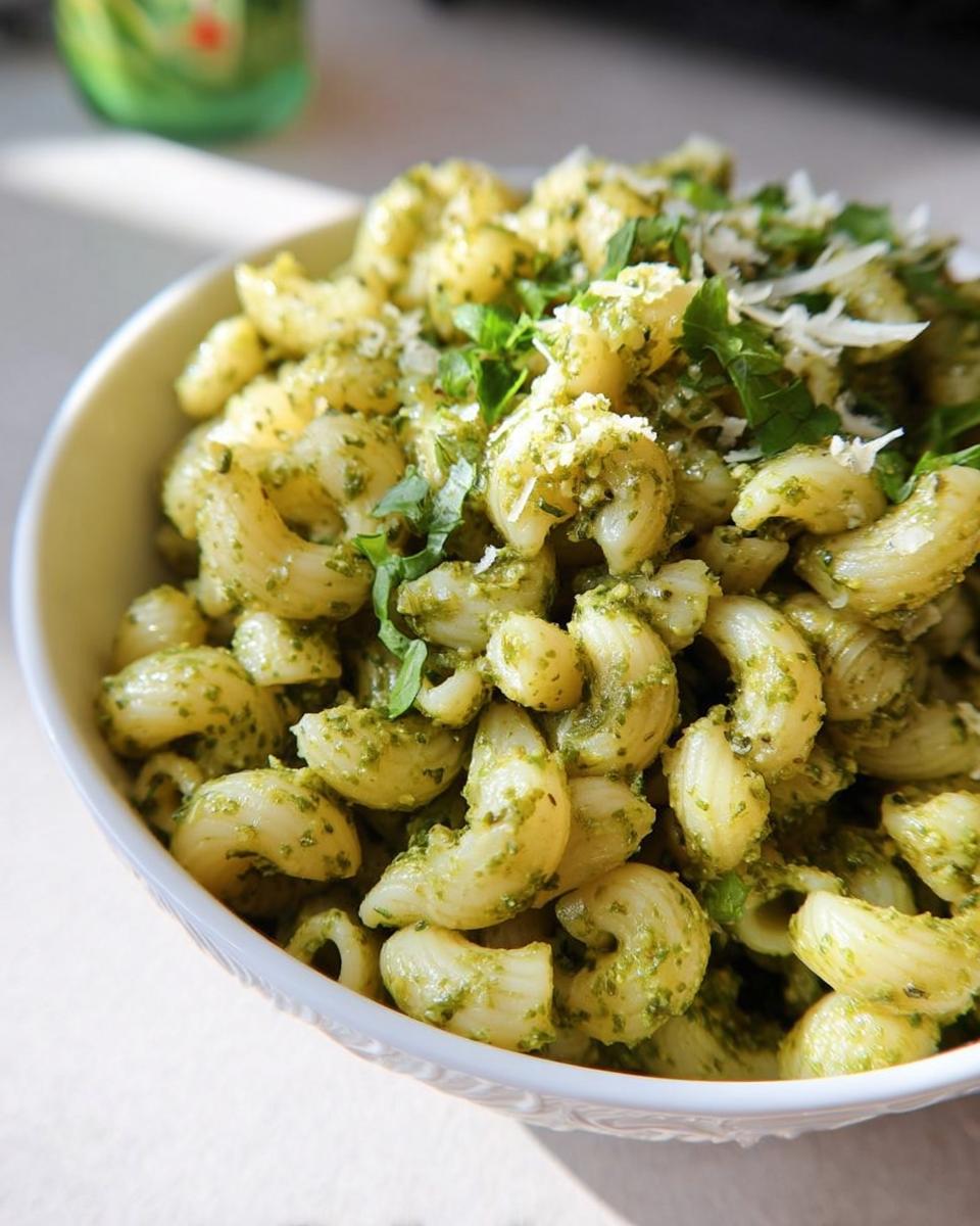 A bowl of delicious pasta with pesto sauce, garnished with fresh basil and grated cheese. Perfect for quick pasta recipes.