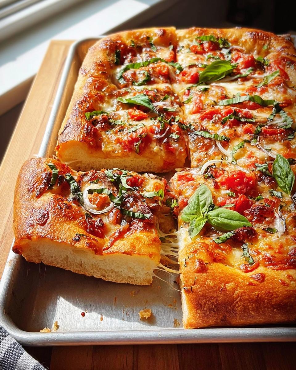 A delicious square pizza with fresh tomatoes, melted cheese, and basil, perfect for pizza night recipes.