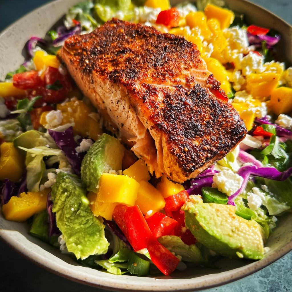 A vibrant salad with a perfectly cooked salmon fillet, mango, avocado, feta, and red cabbage. A quick salmon recipe.