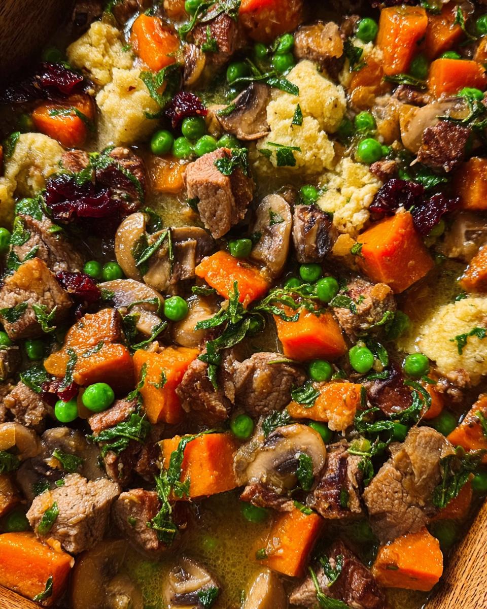 Close-up of a hearty stuffing recipe in a bowl, featuring chunks of meat, diced pumpkin, peas, mushrooms, and dried cranberries.