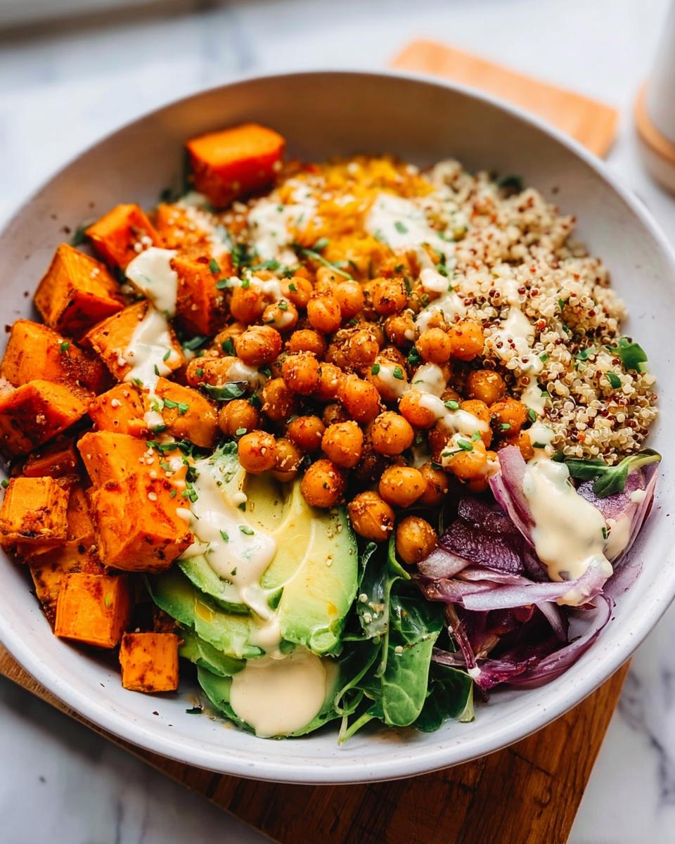 A vibrant and healthy quinoa rice bowl recipe featuring roasted sweet potatoes, chickpeas, avocado, and red onion with a creamy dressing.