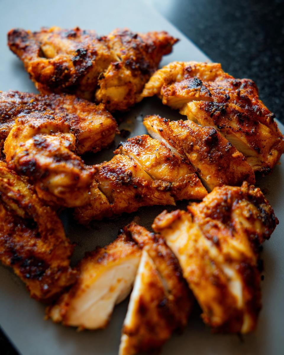 Close-up of perfectly cooked restaurant-style air fryer chicken, sliced and seasoned.