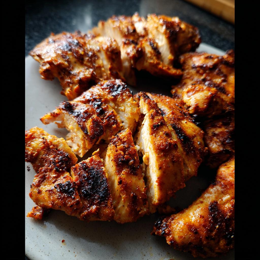 Close-up of juicy, seasoned restaurant-style air fryer chicken breast slices on a plate.