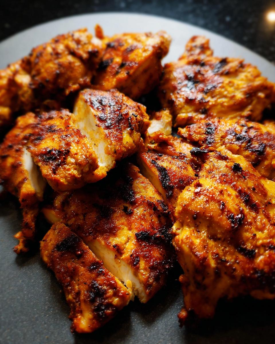 Close-up of perfectly cooked restaurant-style air fryer chicken pieces, seasoned and grilled.