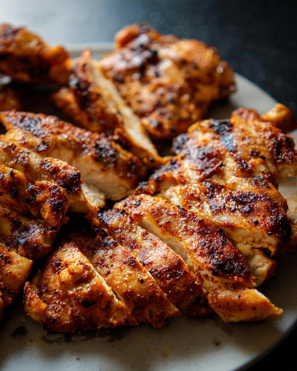 Close-up of sliced restaurant-style air fryer chicken with a golden-brown, seasoned crust.