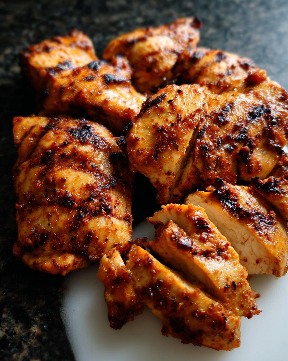 Close-up of perfectly cooked restaurant-style air fryer chicken, seasoned and grilled.