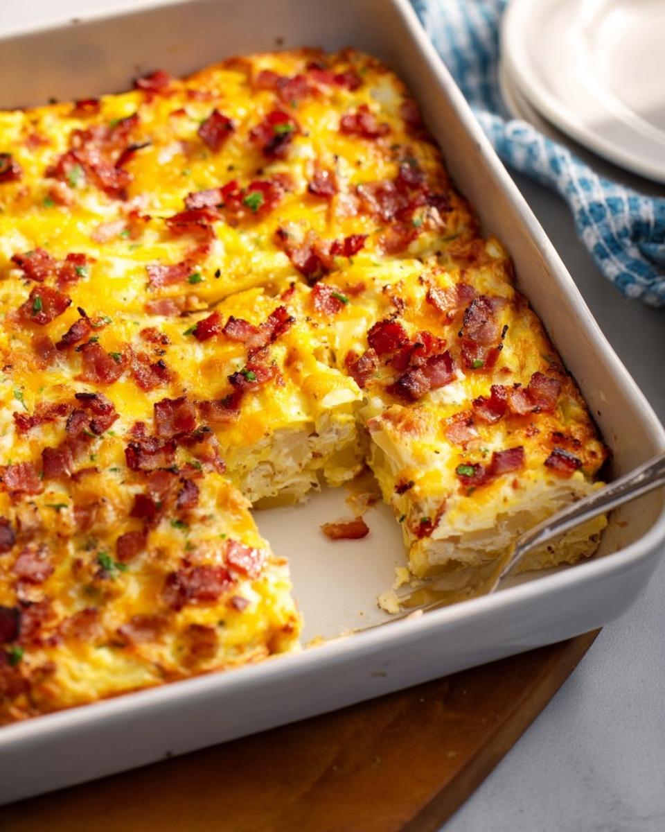 A slice of restaurant-style breakfast casserole with potatoes, eggs, and bacon, served on a wooden board.