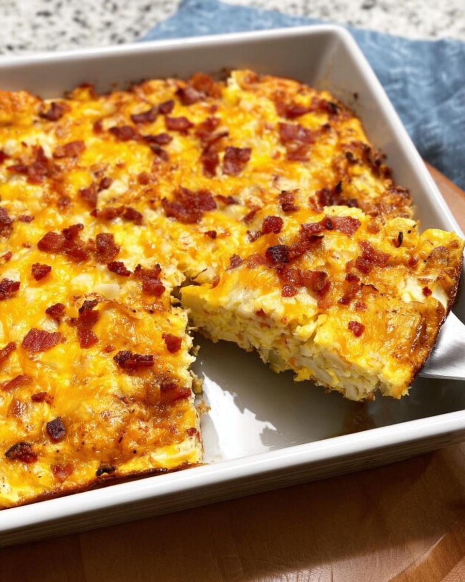A slice of restaurant-style breakfast casserole with bacon and melted cheese being lifted from a white baking dish.