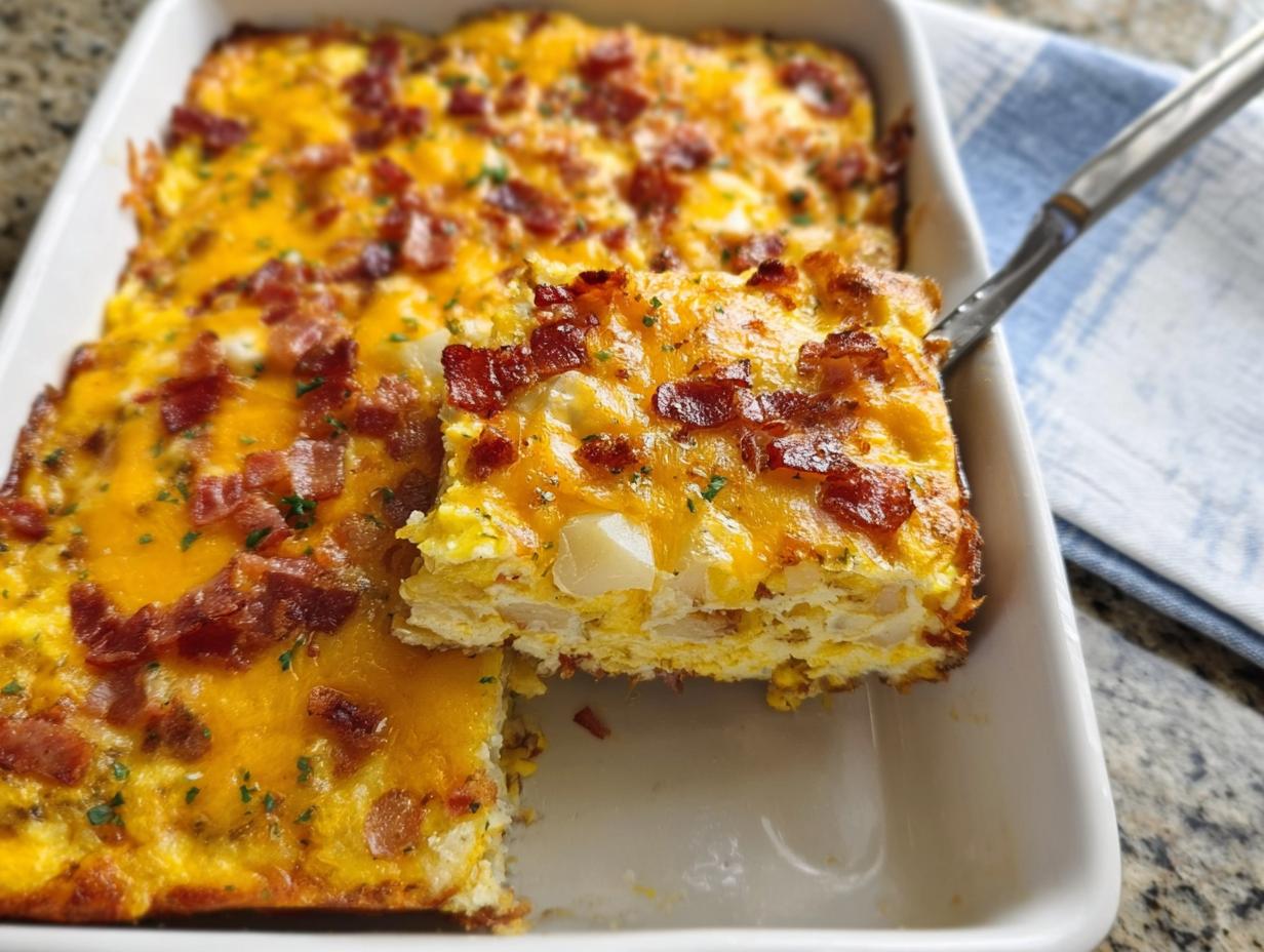 A slice of restaurant-style breakfast casserole with bacon, cheese, and potatoes being lifted from a baking dish.