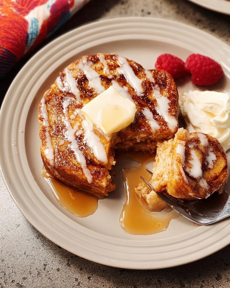 Close-up of cinnamon swirl French toast drizzled with icing, topped with butter and syrup, served with raspberries and whipped cream.