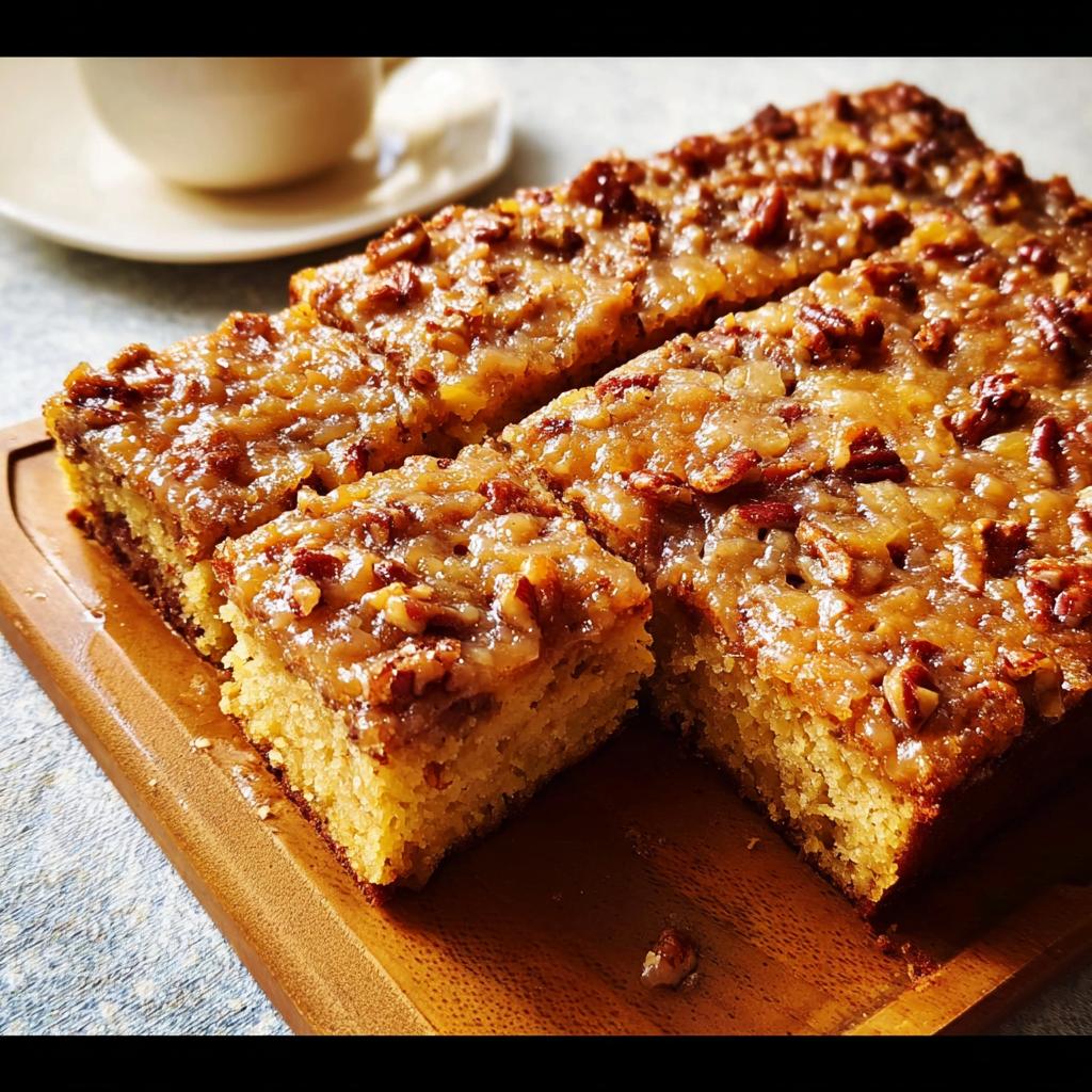 A close-up of a delicious restaurant-style cake with a pecan and glaze topping, cut into squares.